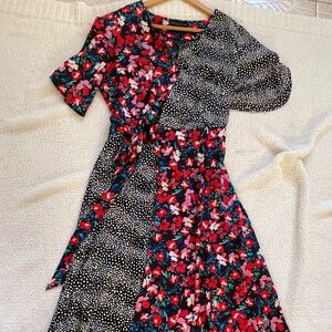 Mixed print wrap dress, simple vintage style, flared sleeves, floral polka dots